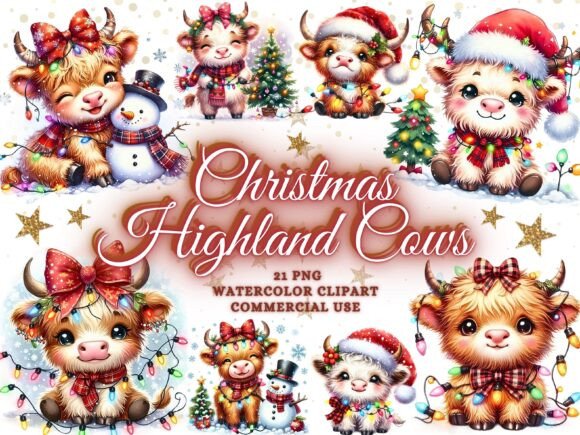 Christmas Highland Cow Clipart: Festive Design Assets